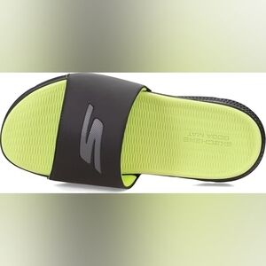 Skechers-Vibrant Black and Neon Green Slide Sandals, Size 10